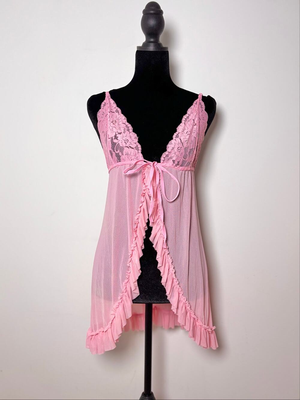 Avidlove Pink Sheer Mesh Ruffle Open Tie Front Babydoll Tank Top Fits Sz XS-S